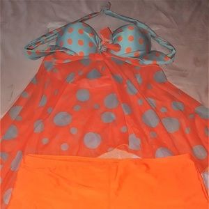 Orange and blue polka dot 2 piece bathing suit